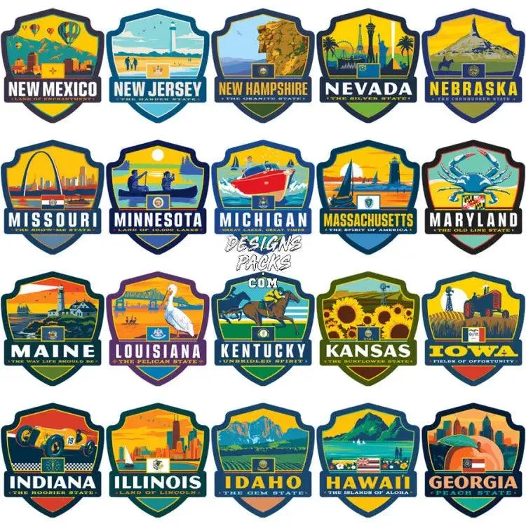 48 USA Popular States Badges Style Designs Bundle PNG