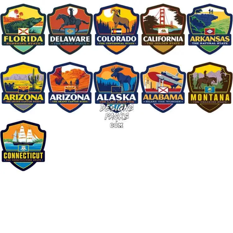 48 USA Popular States Badges Style Designs Bundle PNG