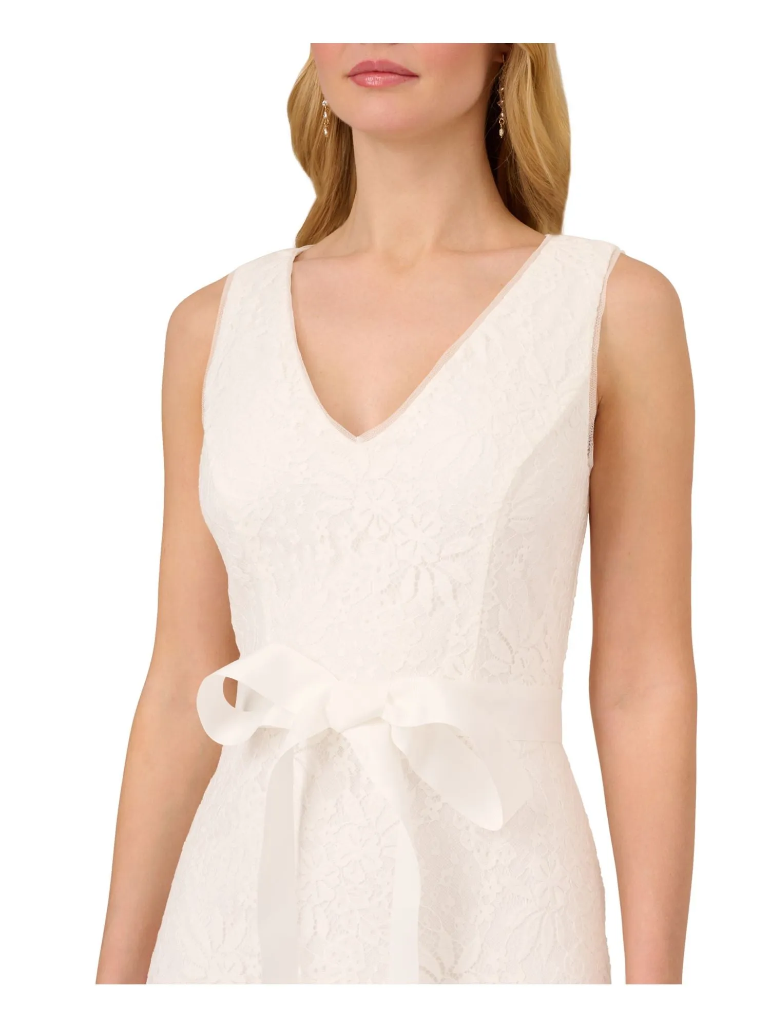 ADRIANNA PAPELL Womens Ivory Zippered Lined Self-tie Sash Flounce Hem Sleeveless V Neck Midi Party Sheath Dress