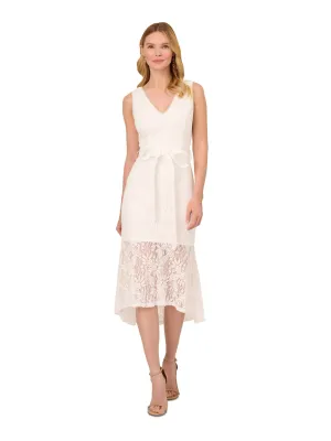 ADRIANNA PAPELL Womens Ivory Zippered Lined Self-tie Sash Flounce Hem Sleeveless V Neck Midi Party Sheath Dress