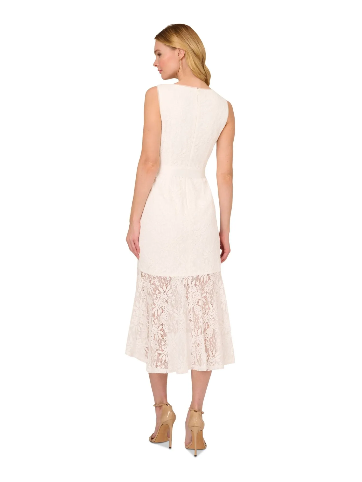 ADRIANNA PAPELL Womens Ivory Zippered Lined Self-tie Sash Flounce Hem Sleeveless V Neck Midi Party Sheath Dress