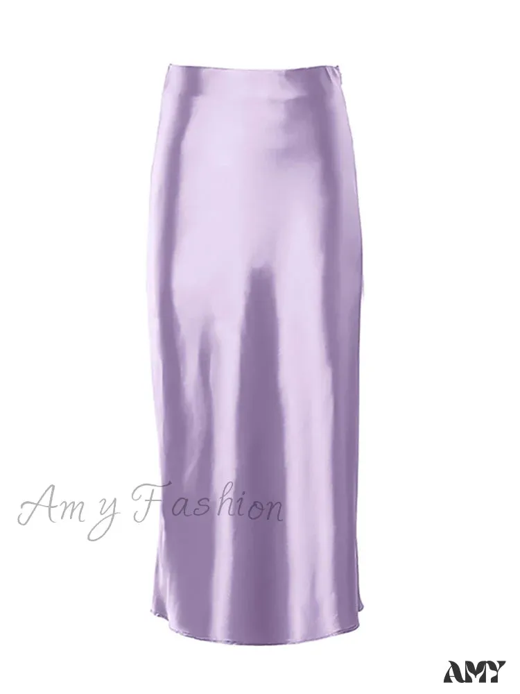 Amy Fashion - Solid Purple Satin Silk Skirt
