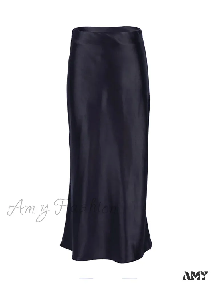 Amy Fashion - Solid Purple Satin Silk Skirt