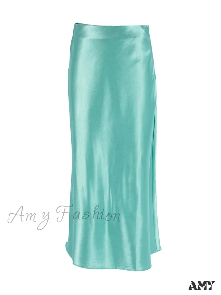 Amy Fashion - Solid Purple Satin Silk Skirt