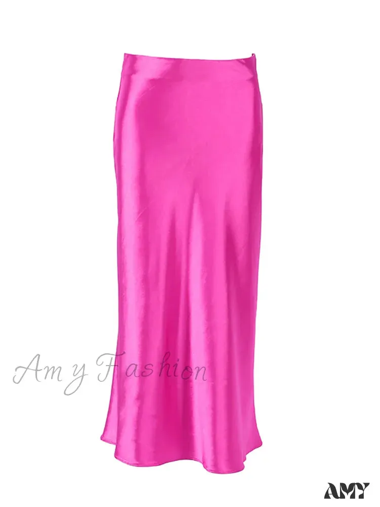Amy Fashion - Solid Purple Satin Silk Skirt