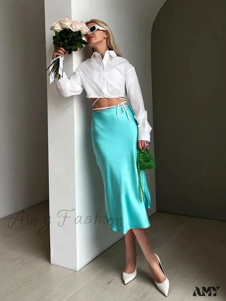 Amy Fashion - Solid Purple Satin Silk Skirt