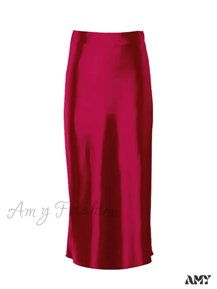 Amy Fashion - Solid Purple Satin Silk Skirt