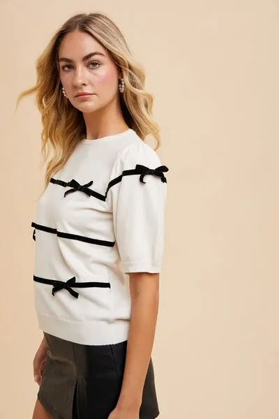 Annie Wear Striped Bow Round Neck Knit Top