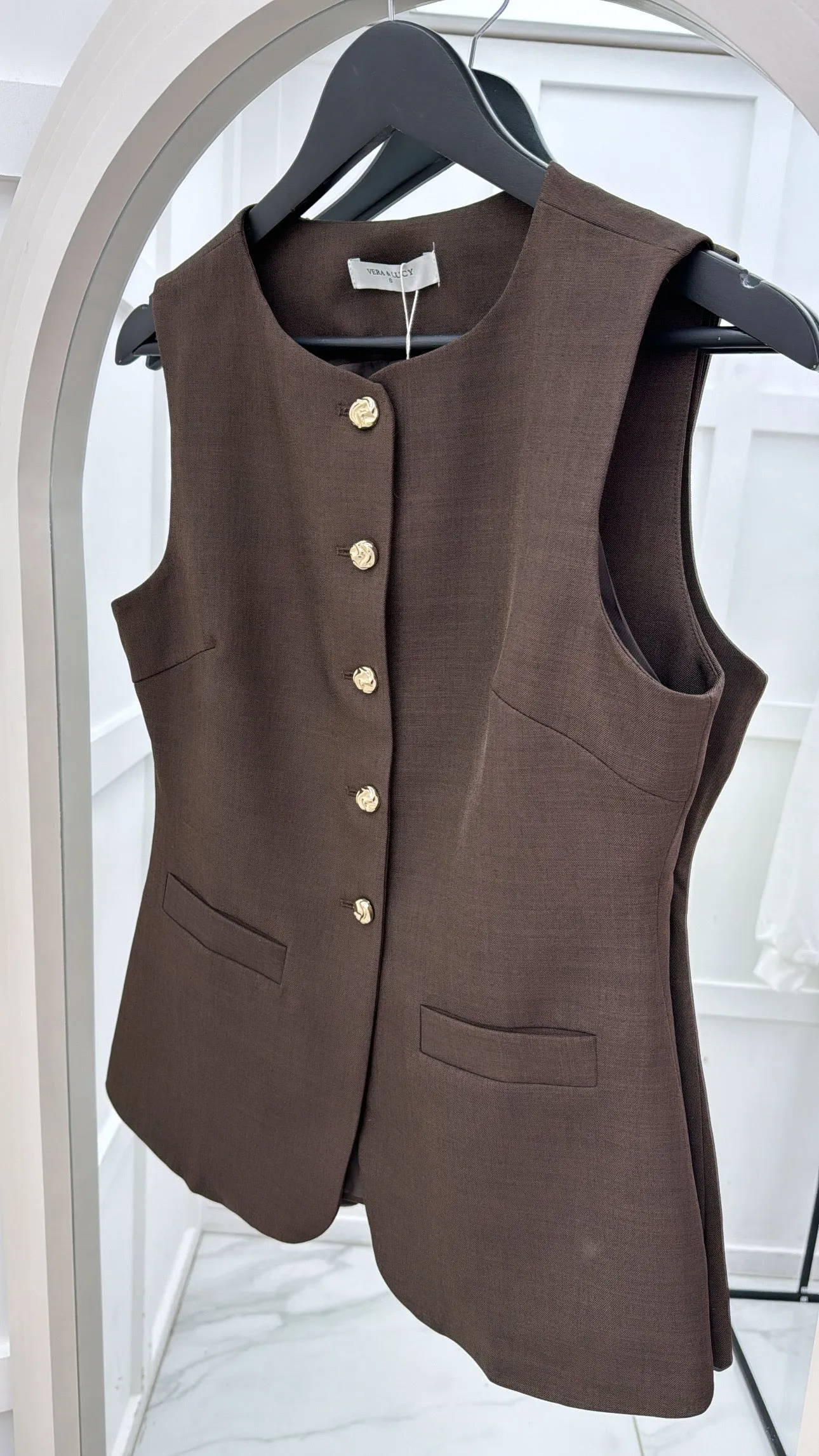 ANYA brown tailored waist coat with gold buttons