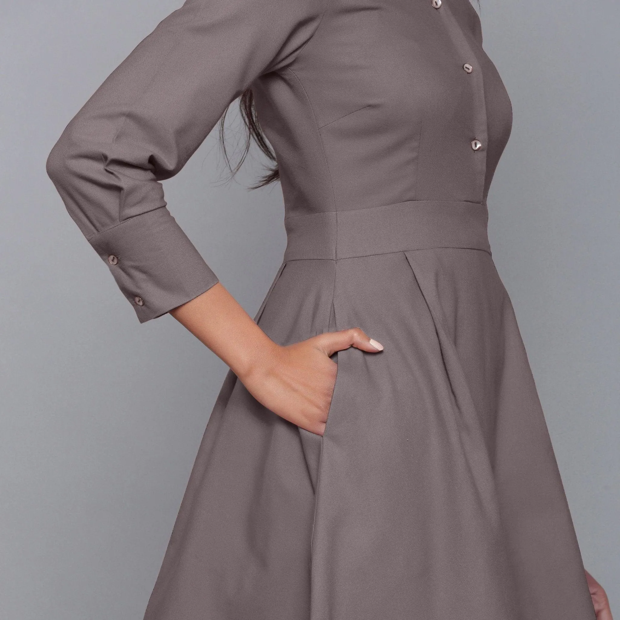 Ash Grey Warm Cotton Flannel Collared Short Dress