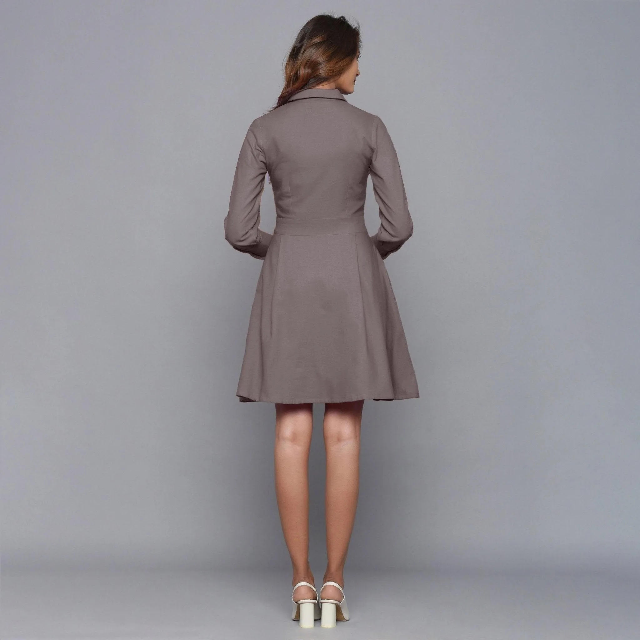 Ash Grey Warm Cotton Flannel Collared Short Dress