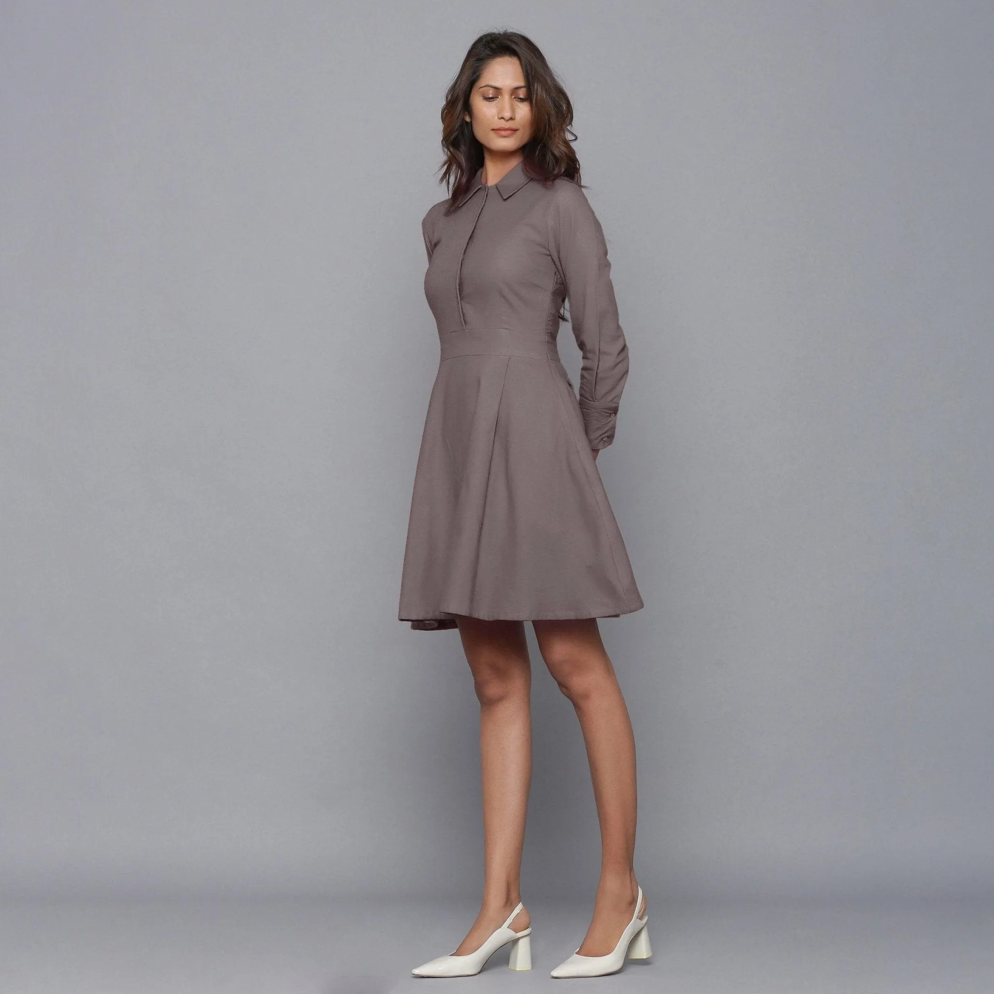 Ash Grey Warm Cotton Flannel Collared Short Dress