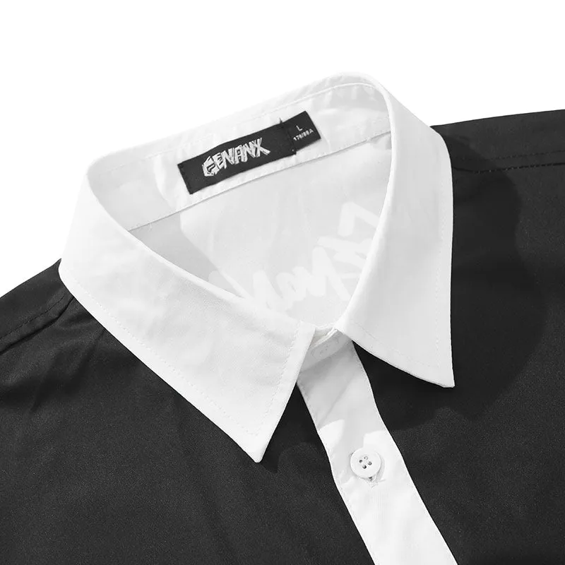 Asymmetric Hem Color Block Letter Full Print Shirt