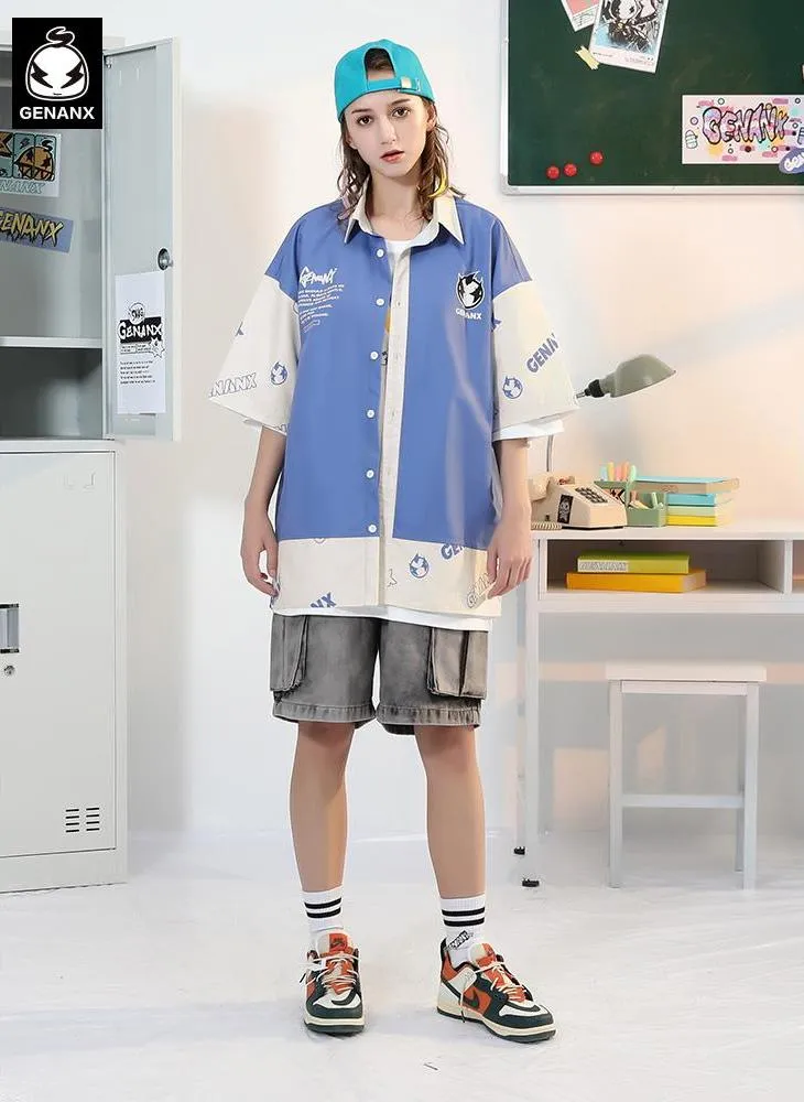 Asymmetric Hem Color Block Letter Full Print Shirt