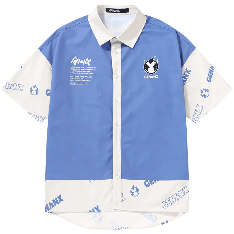 Asymmetric Hem Color Block Letter Full Print Shirt