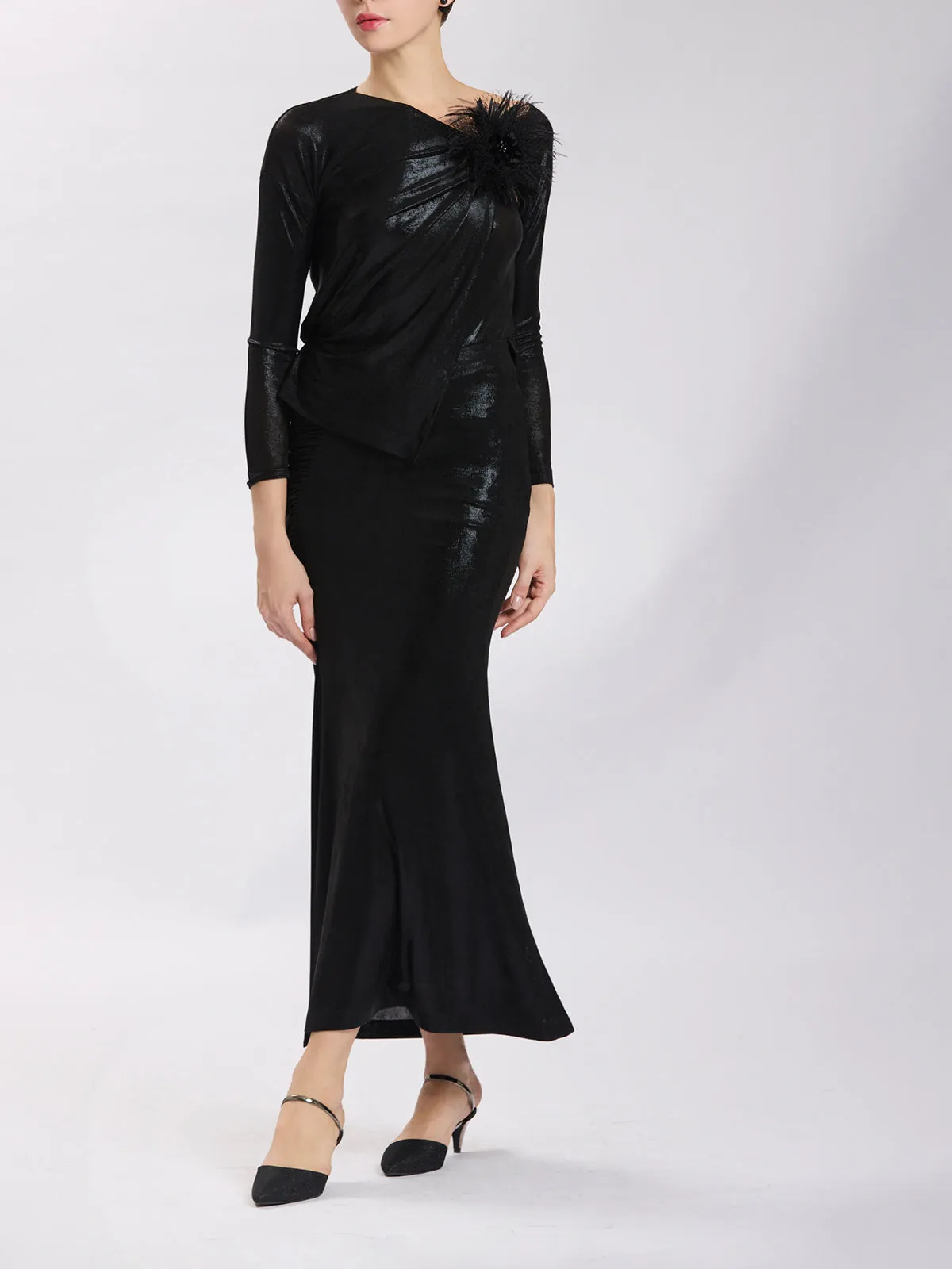 Asymmetric Ruched Long Skirt with Slit