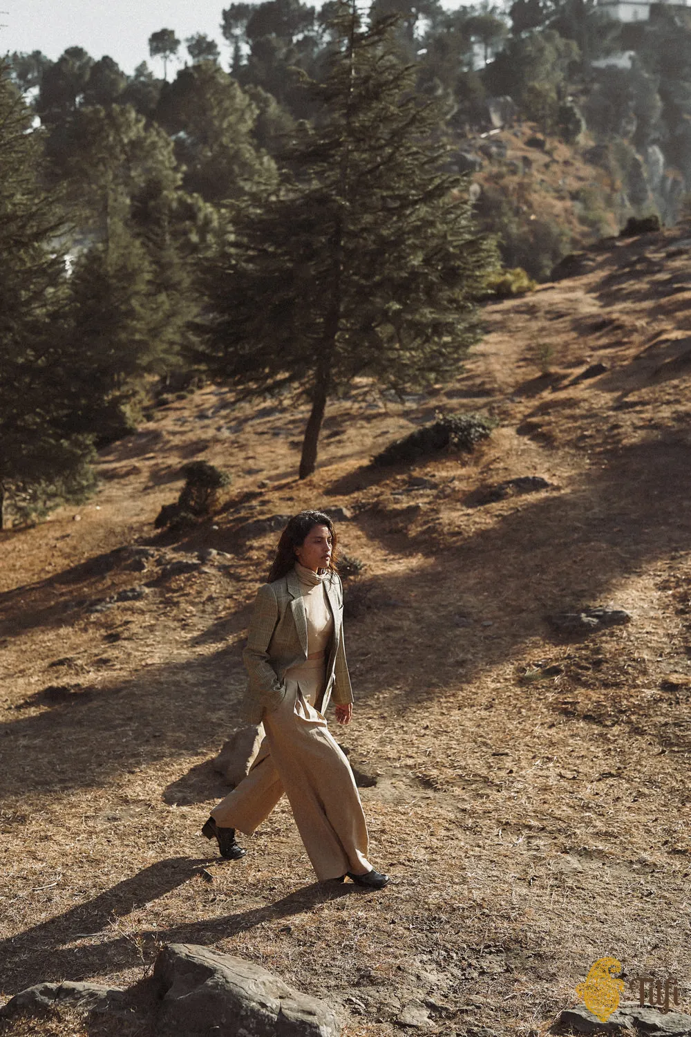 Beige Pure Silk Flared Pants