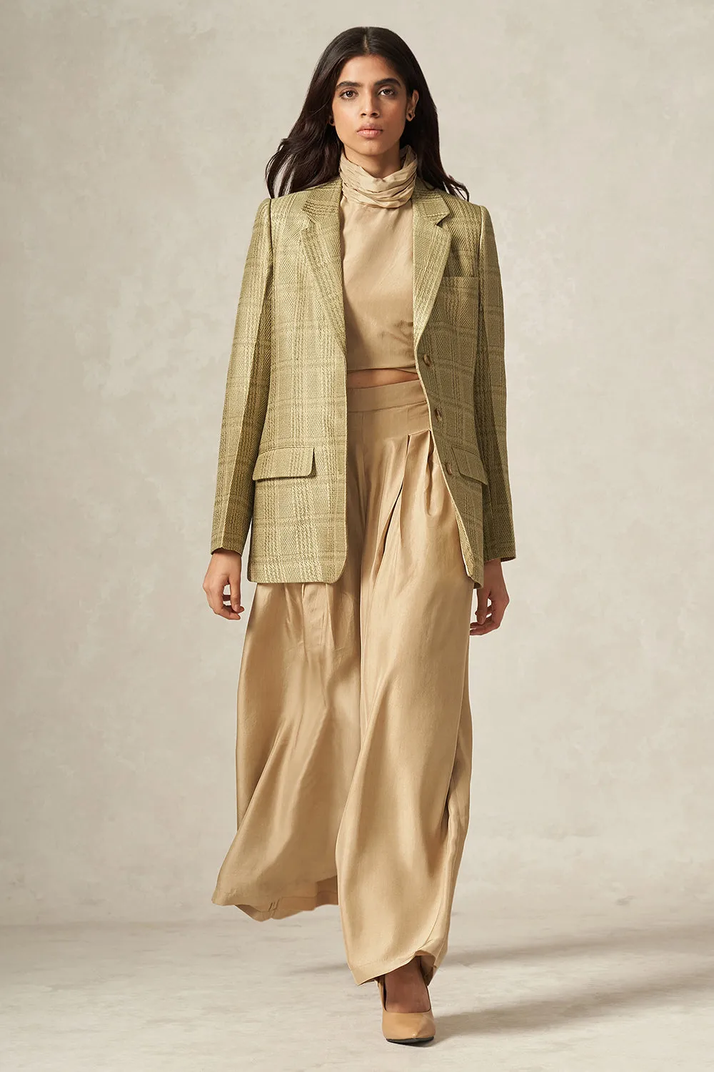 Beige Pure Silk Flared Pants