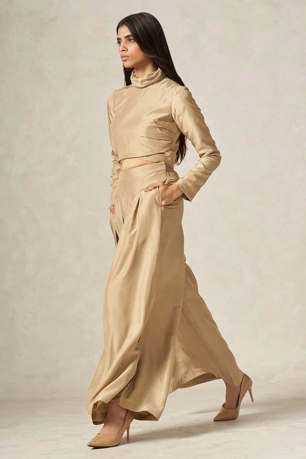 Beige Pure Silk Flared Pants