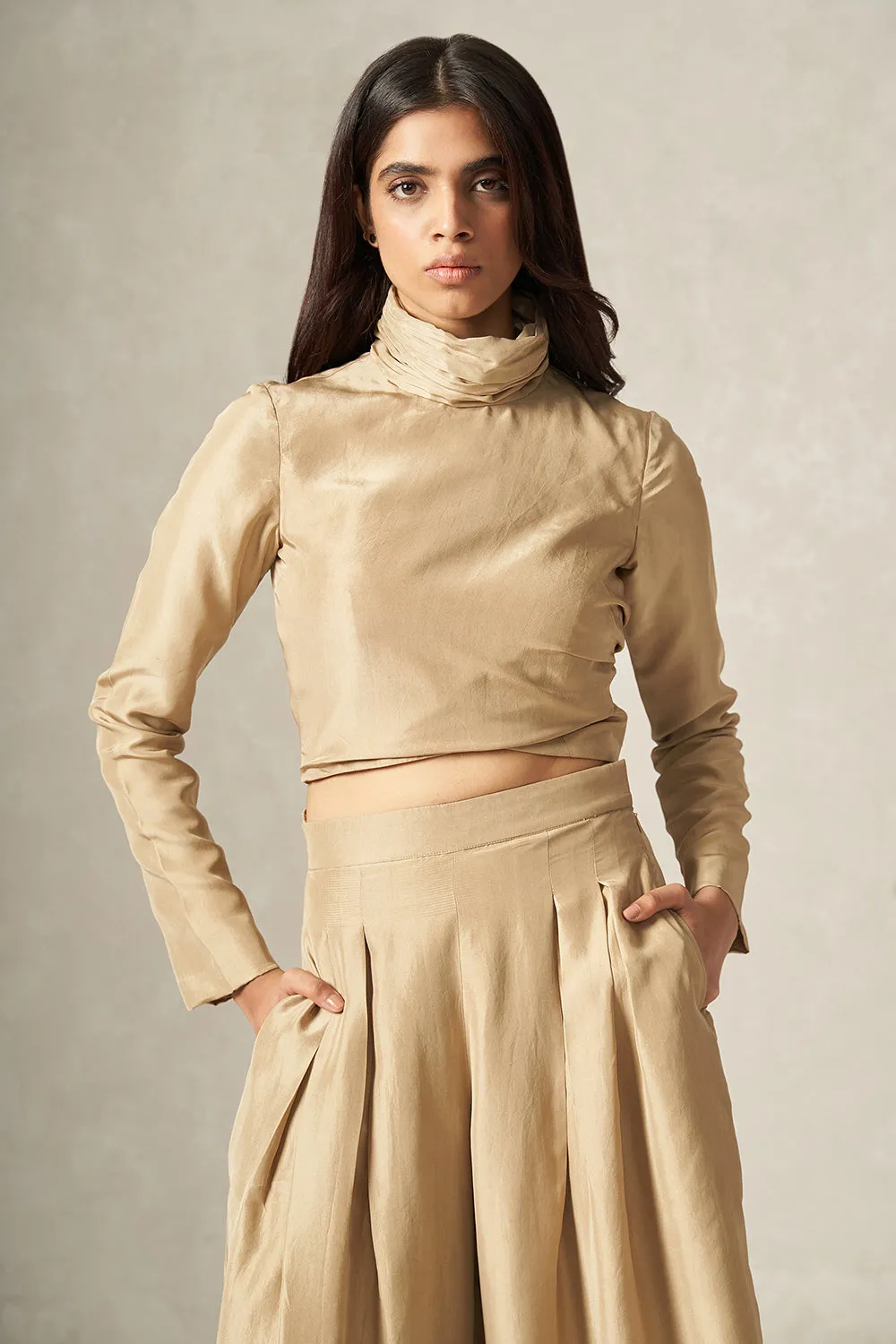 Beige Pure Silk Flared Pants
