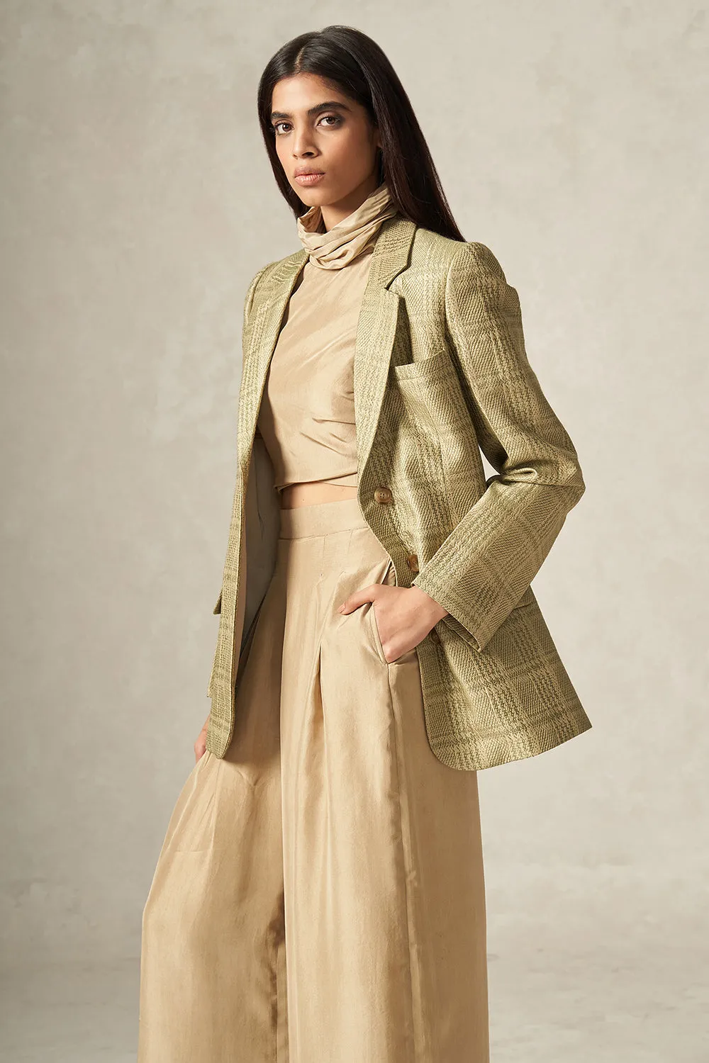 Beige Pure Silk Flared Pants