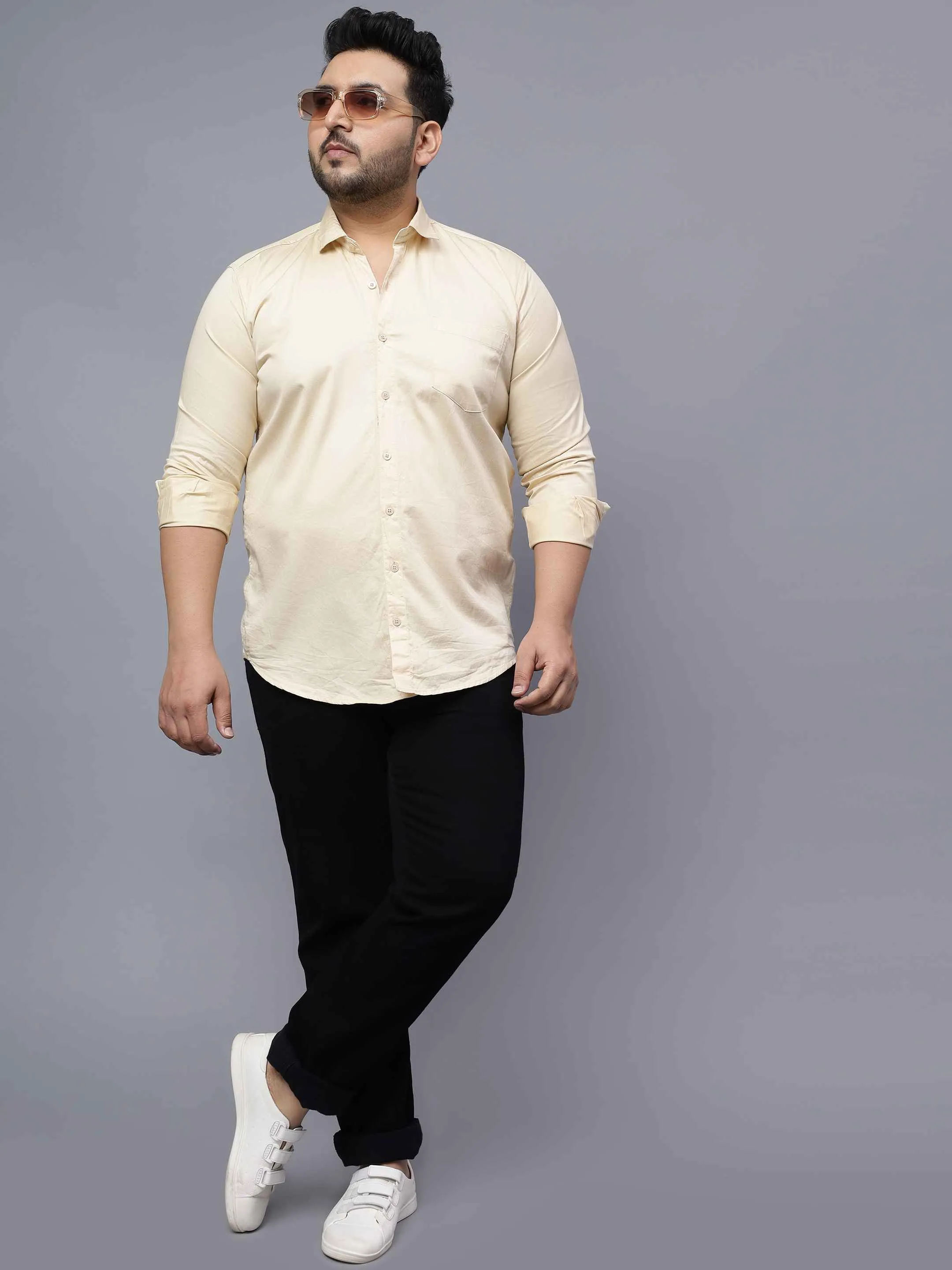 Beige Solid Cotton Plus Size Shirt