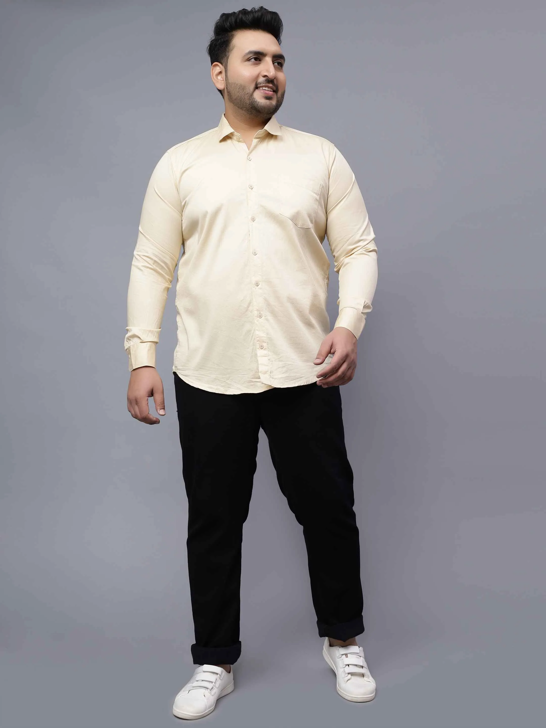 Beige Solid Cotton Plus Size Shirt