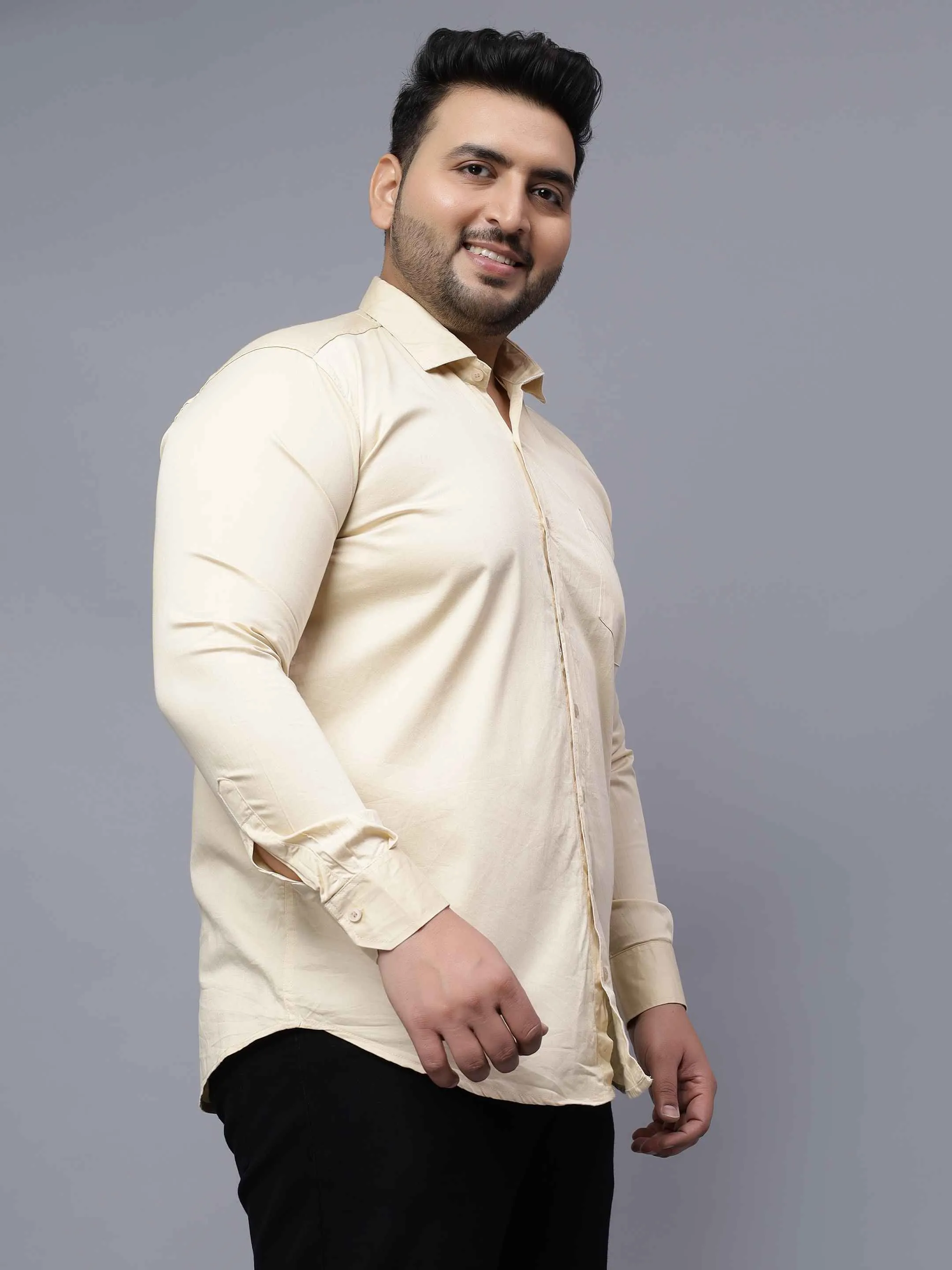 Beige Solid Cotton Plus Size Shirt