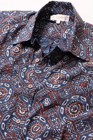 Blue Half Sleeve Ajrakh Printed Cotton Mens Shirt 10071095