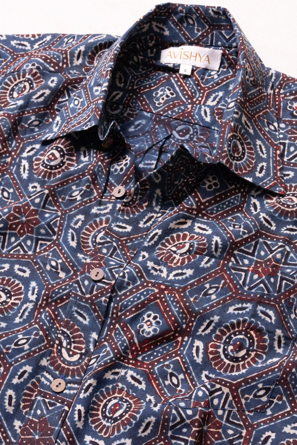 Blue Half Sleeve Ajrakh Printed Cotton Mens Shirt 10071095