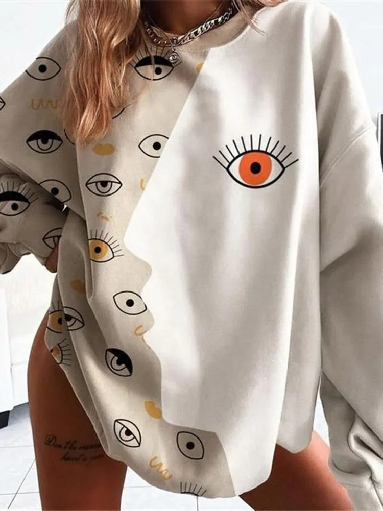 Bohemia Loose  Abstract Printed Contrast Color Round-Neck Sweat Shirts