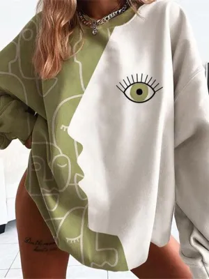 Bohemia Loose  Abstract Printed Contrast Color Round-Neck Sweat Shirts