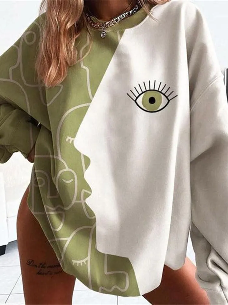 Bohemia Loose  Abstract Printed Contrast Color Round-Neck Sweat Shirts