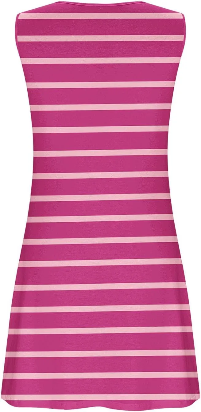 Borniu Women Summer Beach Vocation Casual Striped T Shirt Sundress Sleeveless Crewneck Loose Tank Flowy Swing Short Dresses