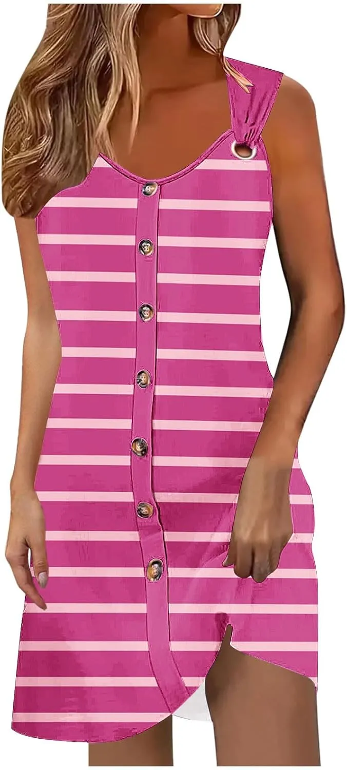 Borniu Women Summer Beach Vocation Casual Striped T Shirt Sundress Sleeveless Crewneck Loose Tank Flowy Swing Short Dresses