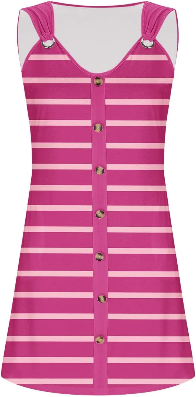 Borniu Women Summer Beach Vocation Casual Striped T Shirt Sundress Sleeveless Crewneck Loose Tank Flowy Swing Short Dresses