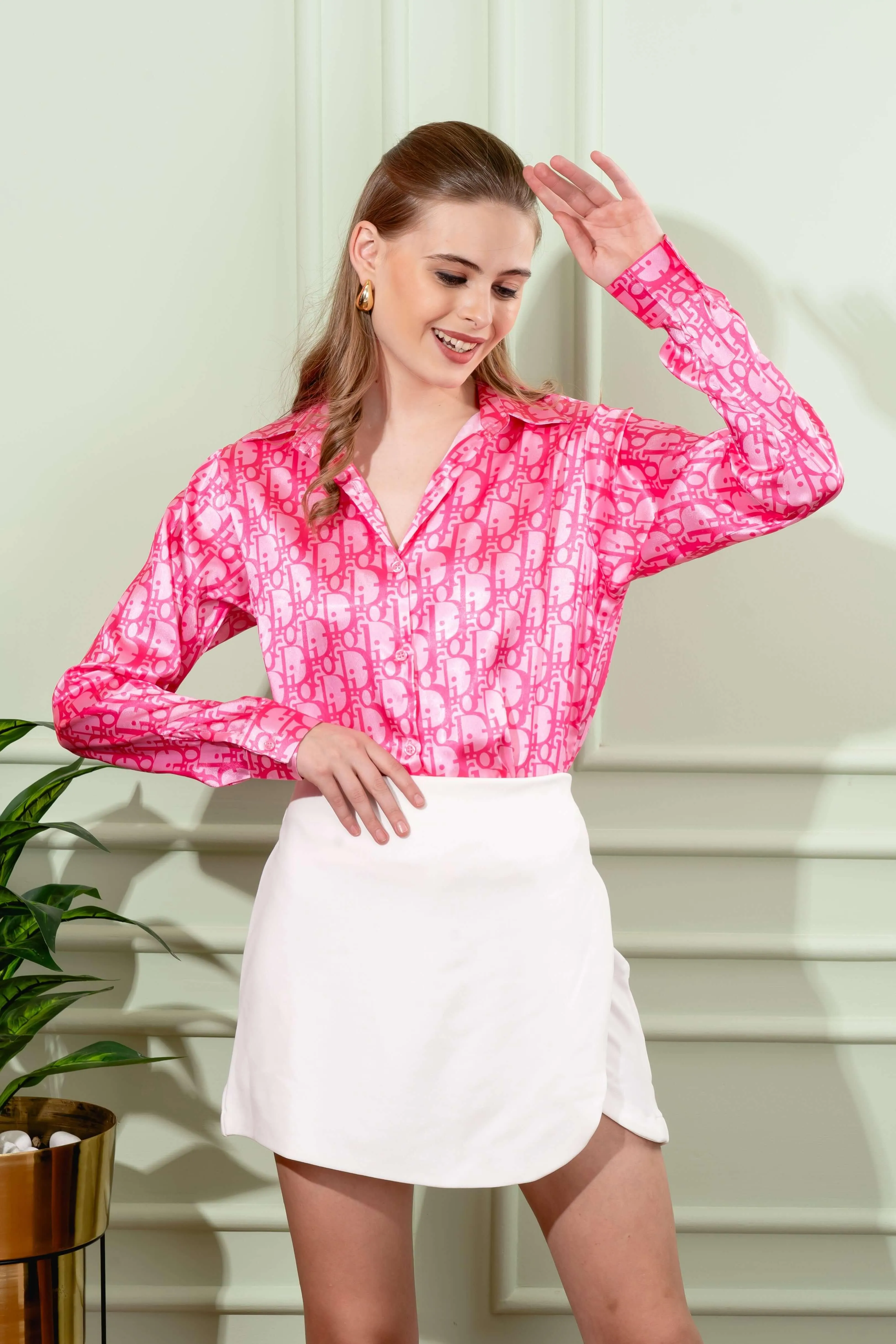 Brand Print Pink Satin Shirt