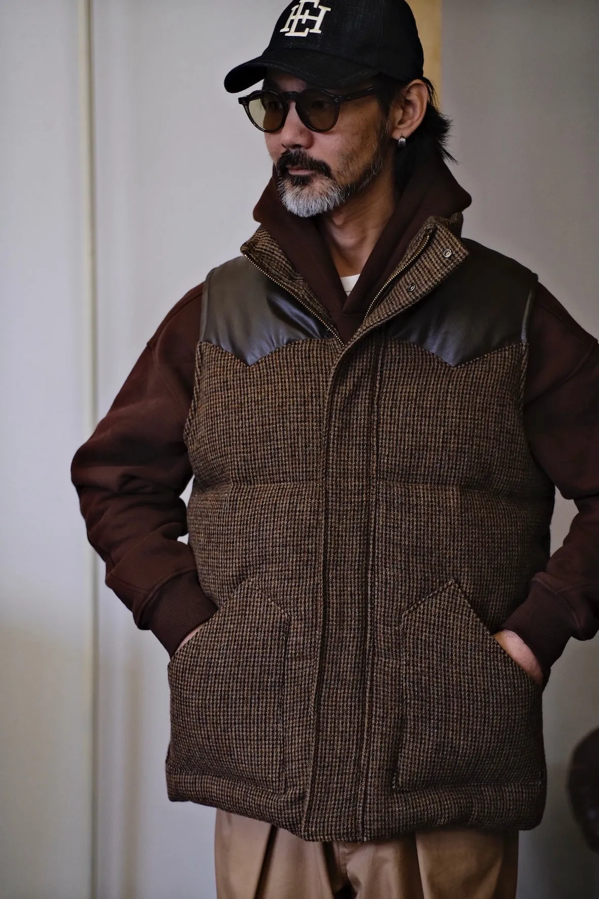 Brown Tweed Faux Leather-Accent Vest