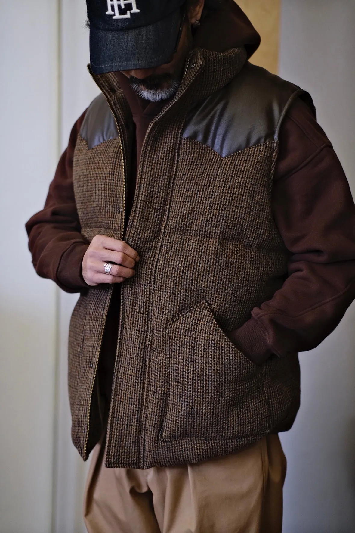Brown Tweed Faux Leather-Accent Vest