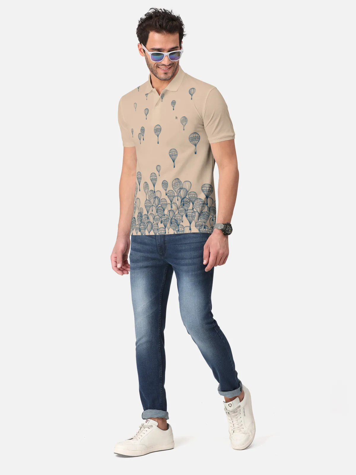 BULLMER Oat MealTrendy Printed Half Sleeve Polo T-shirt for Mens