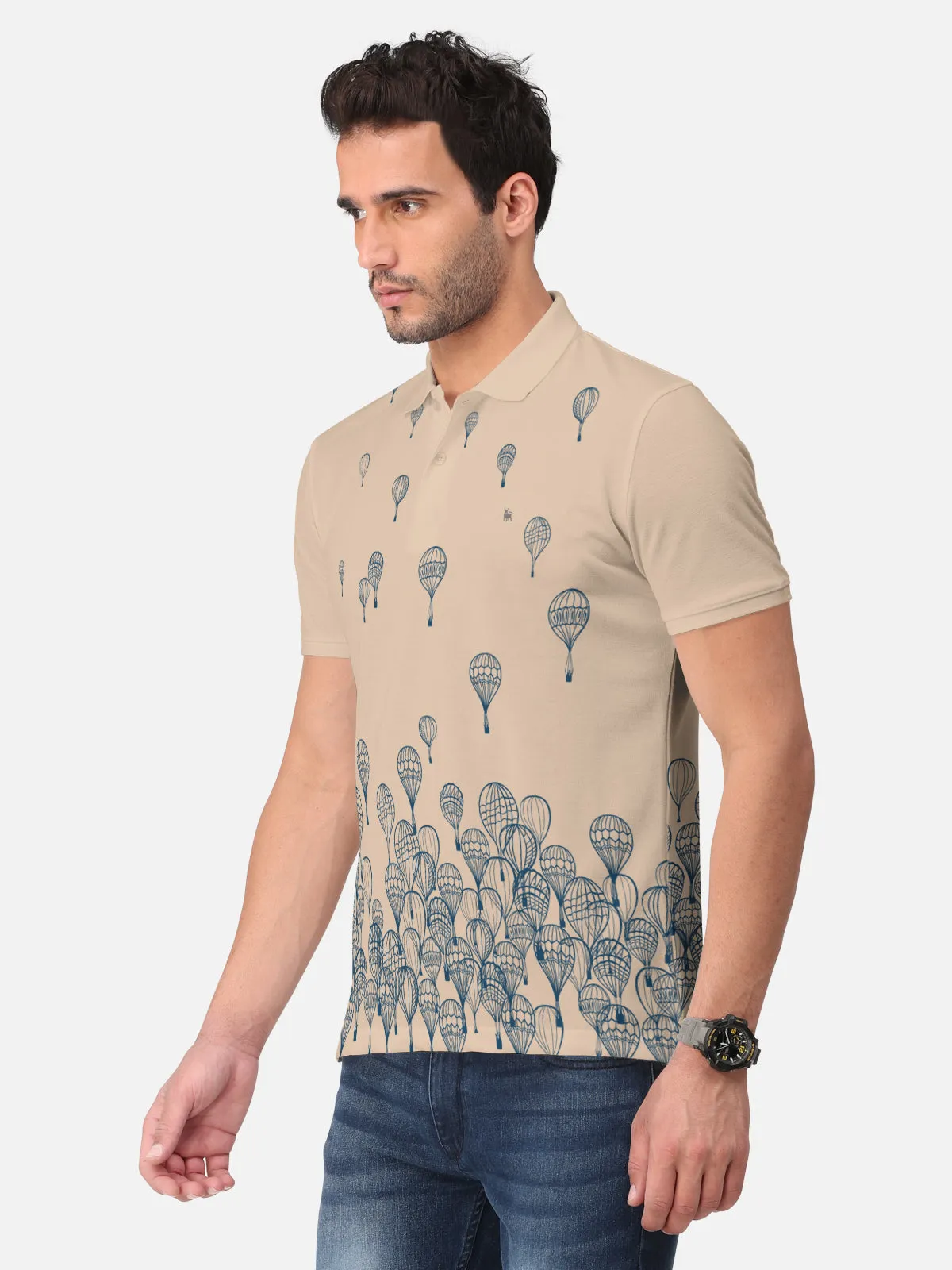 BULLMER Oat MealTrendy Printed Half Sleeve Polo T-shirt for Mens