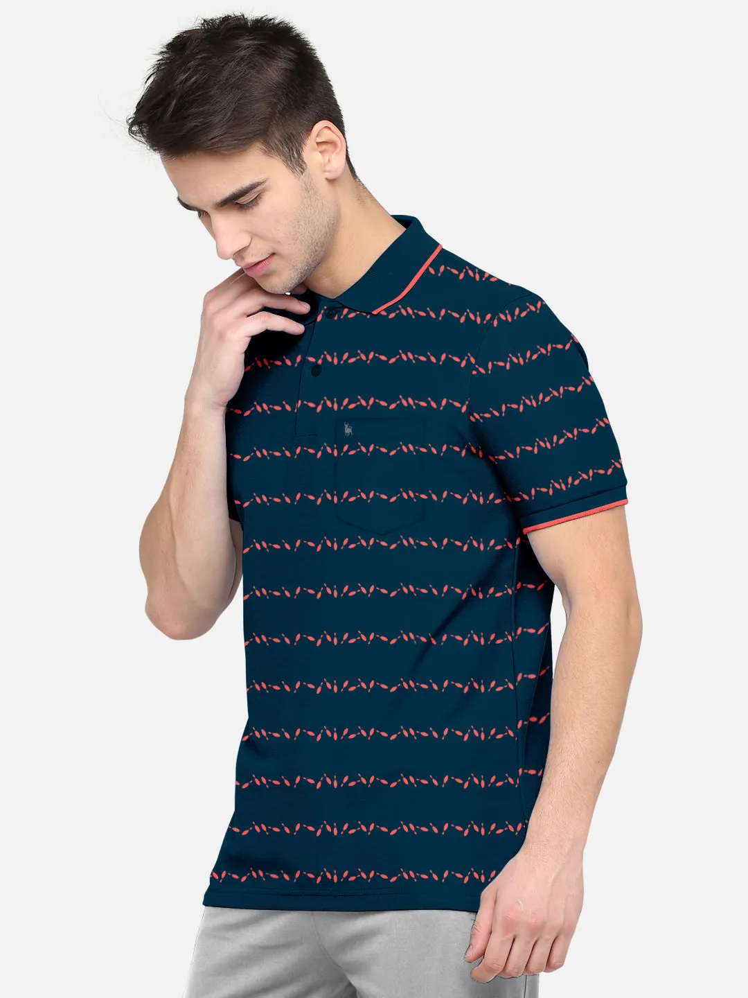 BULLMER Petrol Blue Trendy Printed Half Sleeve Polo T-shirt for Mens