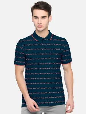 BULLMER Petrol Blue Trendy Printed Half Sleeve Polo T-shirt for Mens