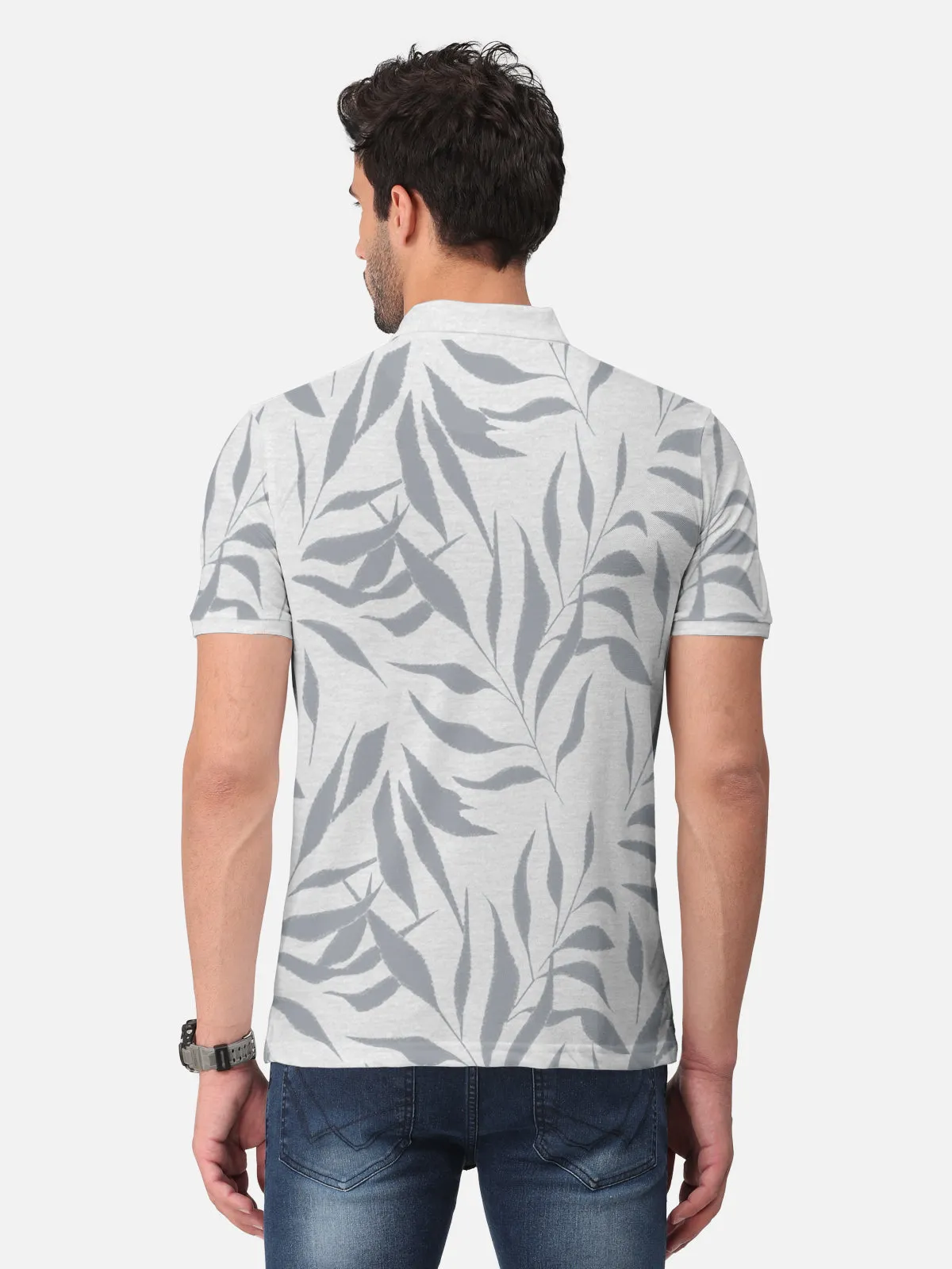 BULLMER White MelangeTrendy Printed Half Sleeve Polo T-shirt for Mens
