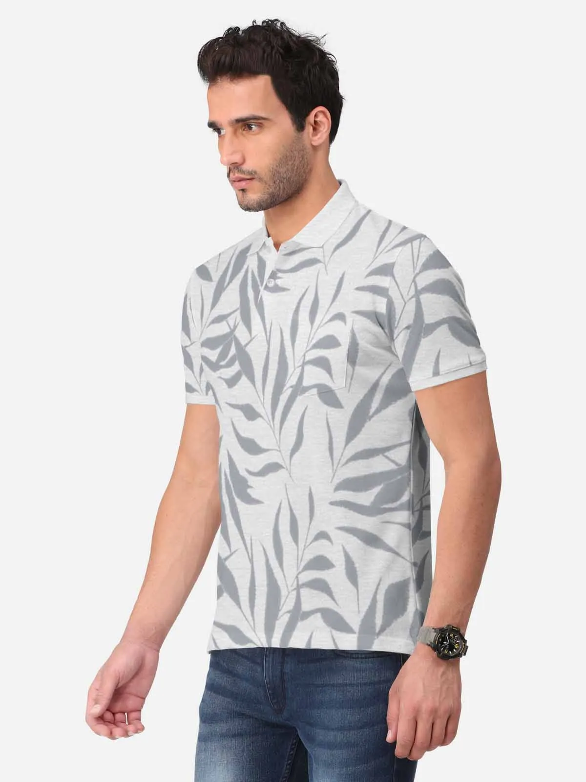 BULLMER White MelangeTrendy Printed Half Sleeve Polo T-shirt for Mens