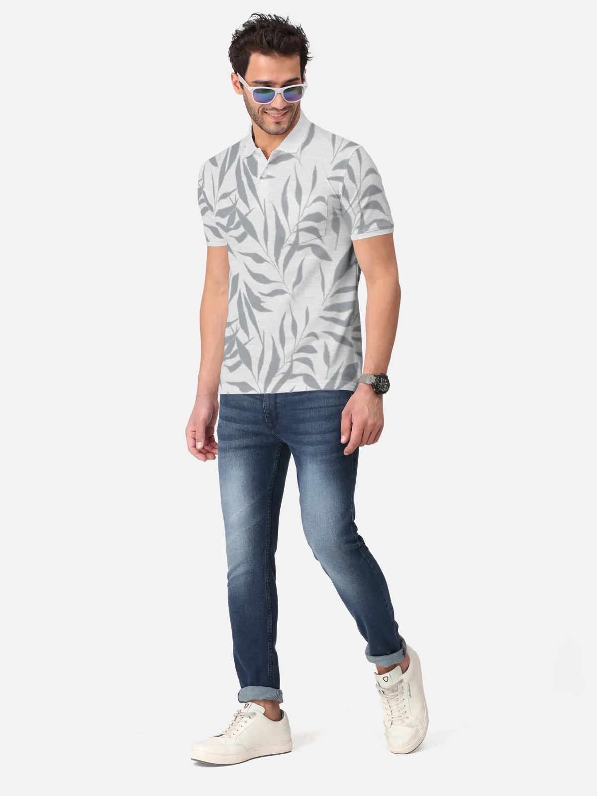BULLMER White MelangeTrendy Printed Half Sleeve Polo T-shirt for Mens