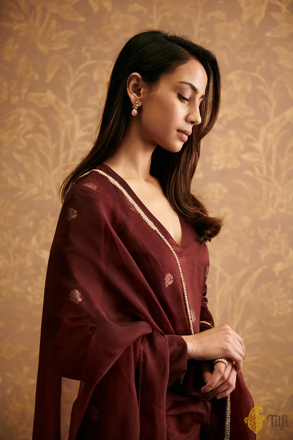 Burgundy Pure Satin Silk Kurta with Hand-embroidered Pants and Dupatta