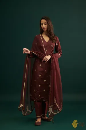 Burgundy Pure Satin Silk Kurta with Hand-embroidered Pants and Dupatta