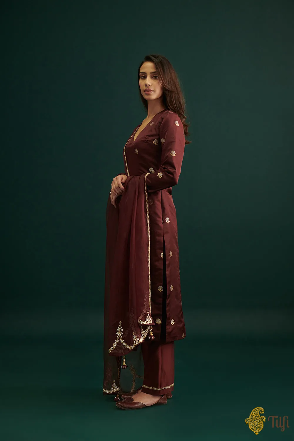 Burgundy Pure Satin Silk Kurta with Hand-embroidered Pants and Dupatta