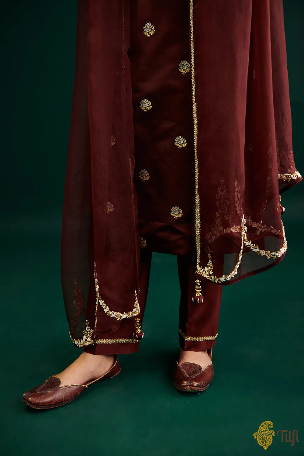 Burgundy Pure Satin Silk Kurta with Hand-embroidered Pants and Dupatta
